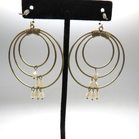 Hoop Earrings Gold Tone Triple Wire Dangle White Beads Accents - Picture 3 of 7